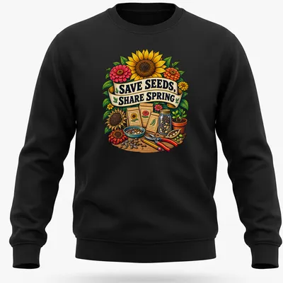 Vibrant botanical illustration with garden tools and seeds, featuring the text Save Seeds, Share Spring — printed on a unisex sweatshirt