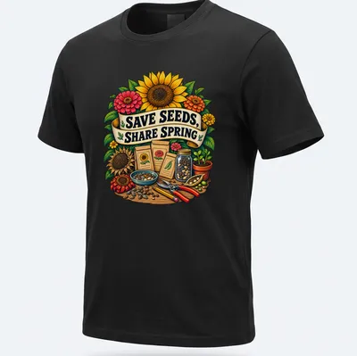 Vibrant botanical illustration with garden tools and seeds, featuring the text Save Seeds, Share Spring