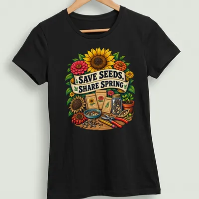 Vibrant botanical illustration with garden tools and seeds, featuring the text Save Seeds, Share Spring — printed on a women's shirt