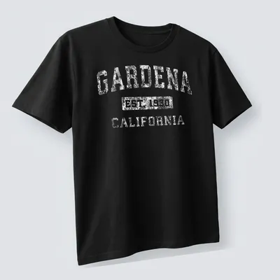 Vintage Gardena California shirt with established lettering in white — printed on a unisex t-shirt (angled view)
