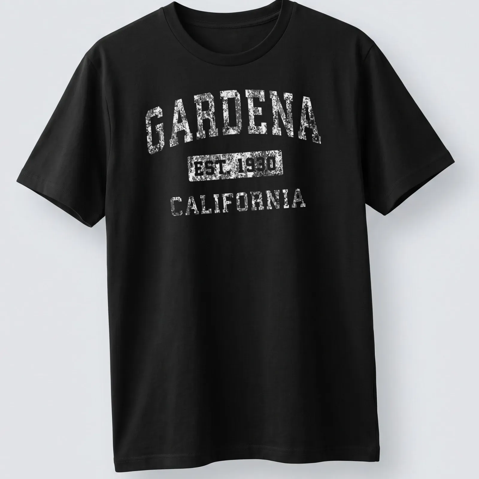 Vintage Gardena California shirt with established lettering in white — printed on a unisex t-shirt