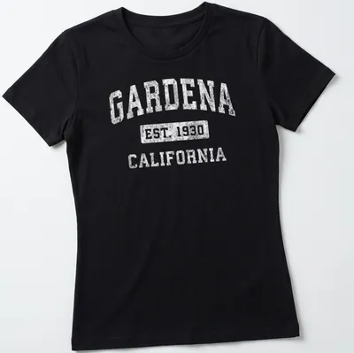 Vintage Gardena California shirt with established lettering in white — printed on a women's shirt