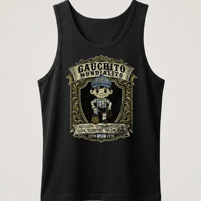 Vintage distressed tee featuring cartoon boy soccer player with World Cup text — printed on a tank top