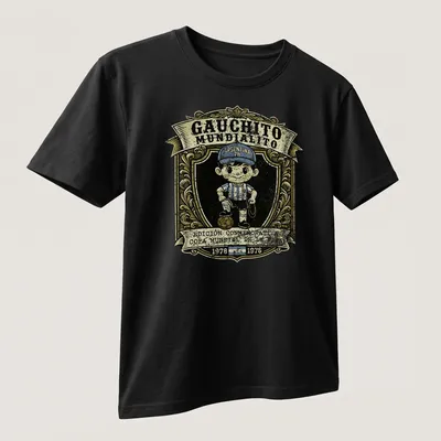 Vintage distressed tee featuring cartoon boy soccer player with World Cup text — printed on a unisex t-shirt (angled view)