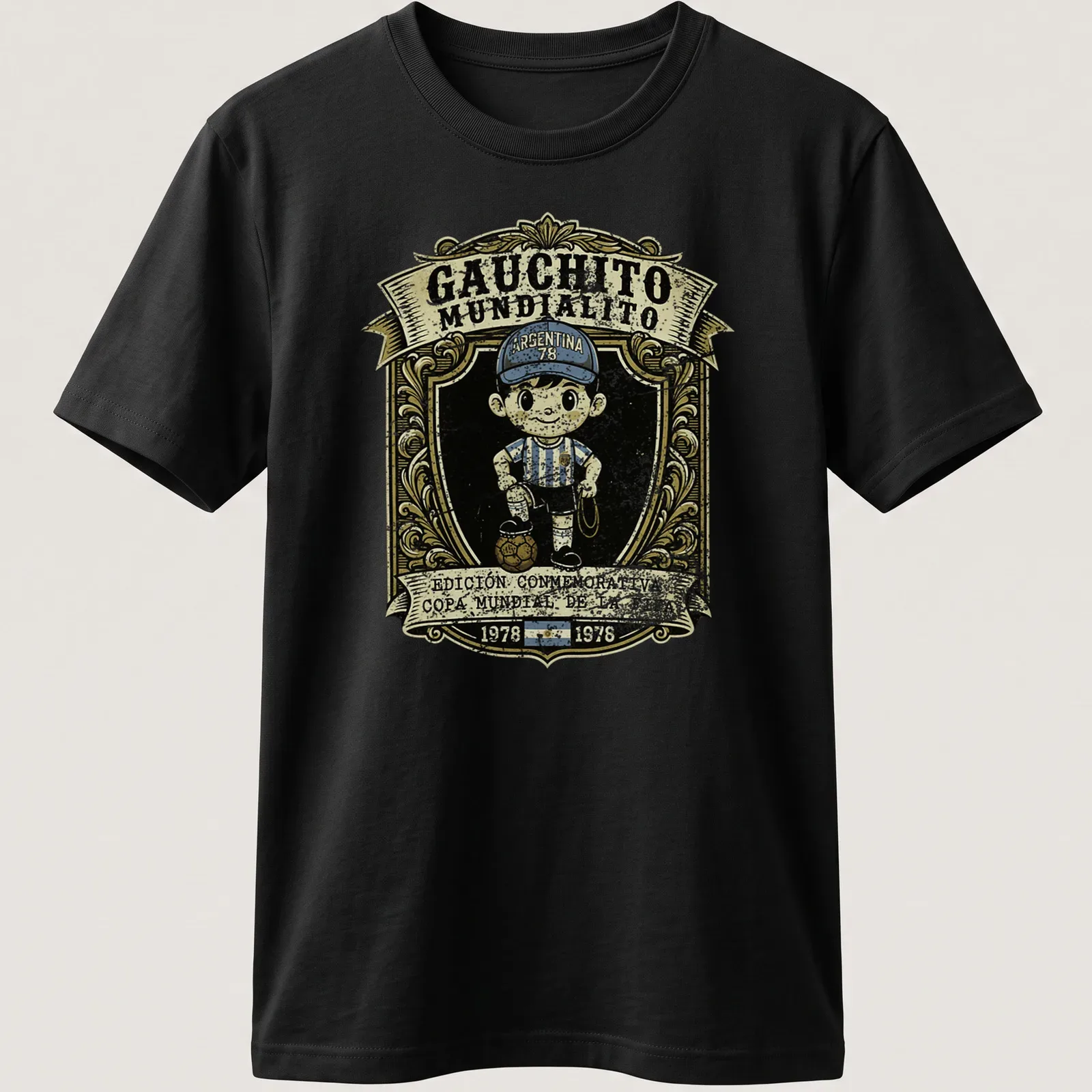 Vintage distressed tee featuring cartoon boy soccer player with World Cup text — printed on a unisex t-shirt