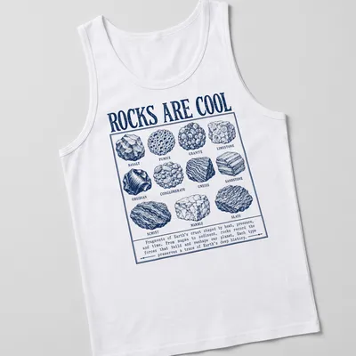 Vintage geology chart featuring various rock types and descriptions — printed on a tank top
