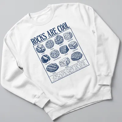 Vintage geology chart featuring various rock types and descriptions — printed on a unisex sweatshirt