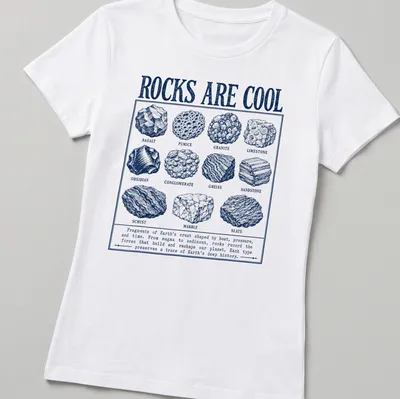Vintage geology chart featuring various rock types and descriptions — printed on a women's shirt