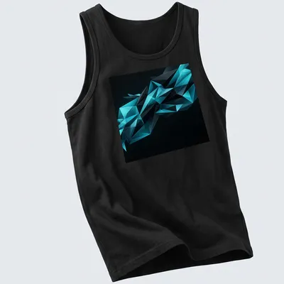 Modern abstract design featuring geometric polygon crystal shards in dark cyan and teal — printed on a tank top