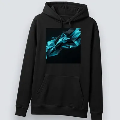 Modern abstract design featuring geometric polygon crystal shards in dark cyan and teal — printed on a unisex hoodie