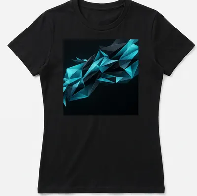 Modern abstract design featuring geometric polygon crystal shards in dark cyan and teal — printed on a women's shirt