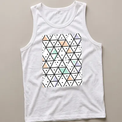 Modern seamless geometric triangle pattern in black, white, peach, mint green, and lavender. — printed on a tank top