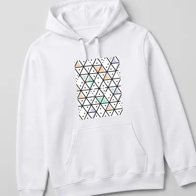 Modern seamless geometric triangle pattern in black, white, peach, mint green, and lavender. — printed on a unisex hoodie