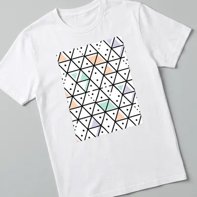 Modern seamless geometric triangle pattern in black, white, peach, mint green, and lavender.