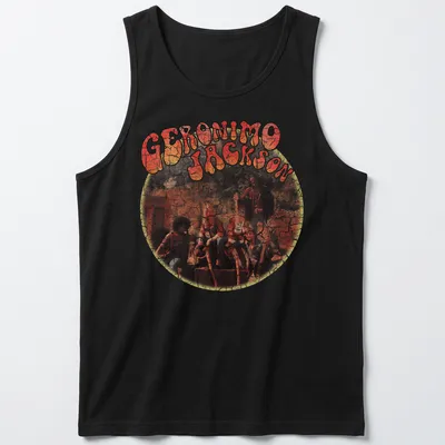 Retro distressed t-shirt featuring the name 'Geronimo Jackson' in bold lettering — printed on a tank top
