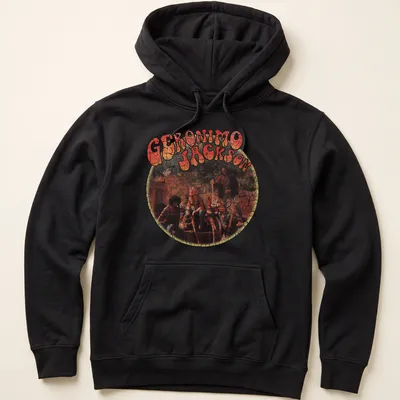 Retro distressed t-shirt featuring the name 'Geronimo Jackson' in bold lettering — printed on a unisex hoodie