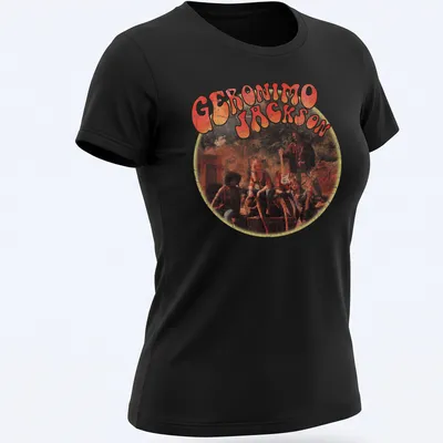 Retro distressed t-shirt featuring the name 'Geronimo Jackson' in bold lettering — printed on a women's shirt