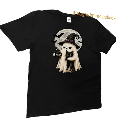 Kawaii ghost cat with coffee and 'MEH' text in black, white, purple, and gray — printed on a unisex t-shirt (angled view)