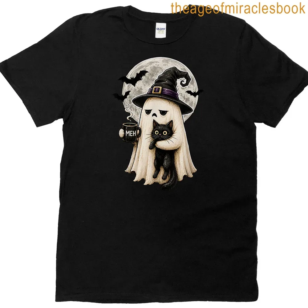 Kawaii ghost cat with coffee and 'MEH' text in black, white, purple, and gray