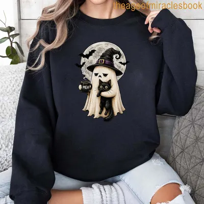 Kawaii ghost cat with coffee and 'MEH' text in black, white, purple, and gray — printed on a sweatshirt