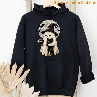 Kawaii ghost cat with coffee and 'MEH' text in black, white, purple, and gray — printed on a unisex hoodie