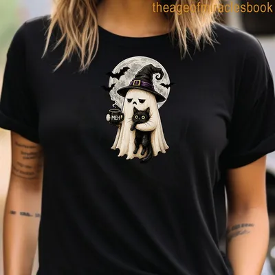 Kawaii ghost cat with coffee and 'MEH' text in black, white, purple, and gray — printed on a women's t-shirt