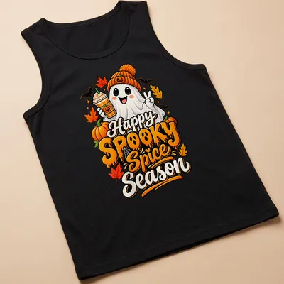 Colorful cartoon ghost with pumpkin spice drink and text for spooky season — printed on a tank top