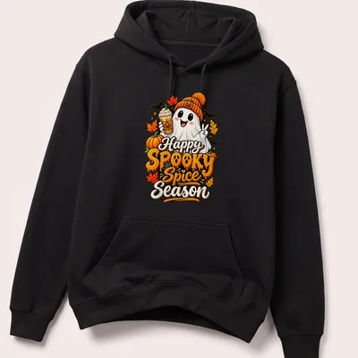 Colorful cartoon ghost with pumpkin spice drink and text for spooky season — printed on a unisex hoodie