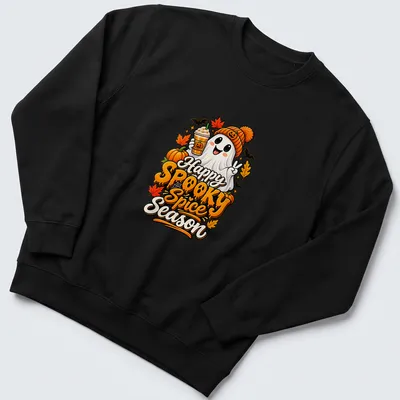 Colorful cartoon ghost with pumpkin spice drink and text for spooky season — printed on a unisex sweatshirt