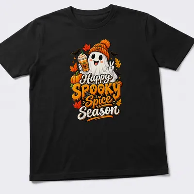 Colorful cartoon ghost with pumpkin spice drink and text for spooky season