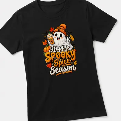 Colorful cartoon ghost with pumpkin spice drink and text for spooky season — printed on a women's shirt
