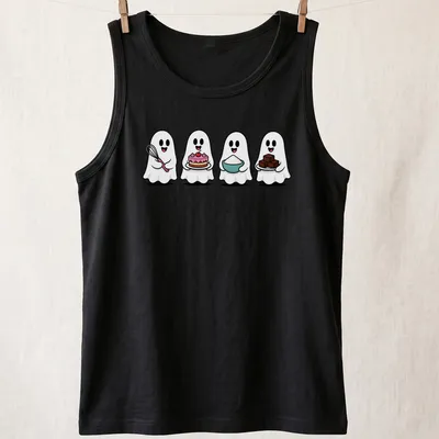 Cute kawaii ghosts baking with tools, featuring the text 'Four Ghosts Baking' in playful style. — printed on a tank top