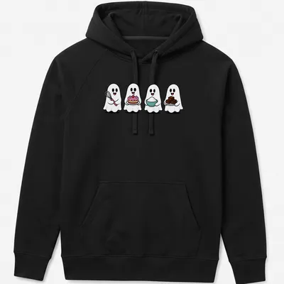 Cute kawaii ghosts baking with tools, featuring the text 'Four Ghosts Baking' in playful style. — printed on a unisex hoodie