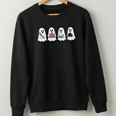 Cute kawaii ghosts baking with tools, featuring the text 'Four Ghosts Baking' in playful style. — printed on a unisex sweatshirt