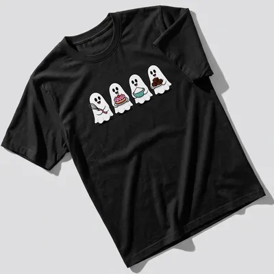 Cute kawaii ghosts baking with tools, featuring the text 'Four Ghosts Baking' in playful style.