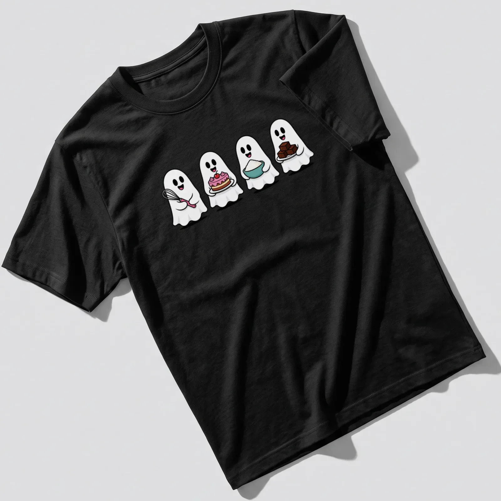 Cute kawaii ghosts baking with tools, featuring the text 'Four Ghosts Baking' in playful style. — printed on a unisex t-shirt