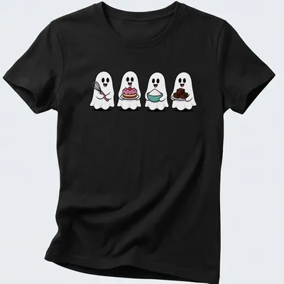 Cute kawaii ghosts baking with tools, featuring the text 'Four Ghosts Baking' in playful style. — printed on a women's shirt