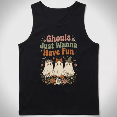 Retro floral design featuring playful ghosts and the text Ghouls Just Wanna Have Fun — printed on a tank top