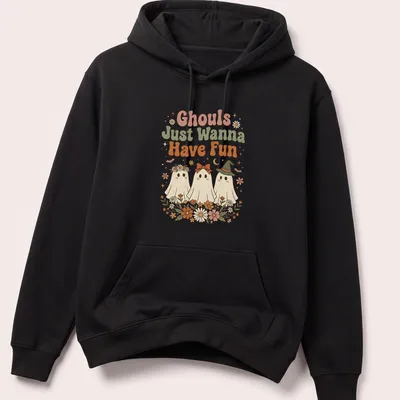 Retro floral design featuring playful ghosts and the text Ghouls Just Wanna Have Fun — printed on a unisex hoodie