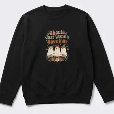 Retro floral design featuring playful ghosts and the text Ghouls Just Wanna Have Fun — printed on a unisex sweatshirt