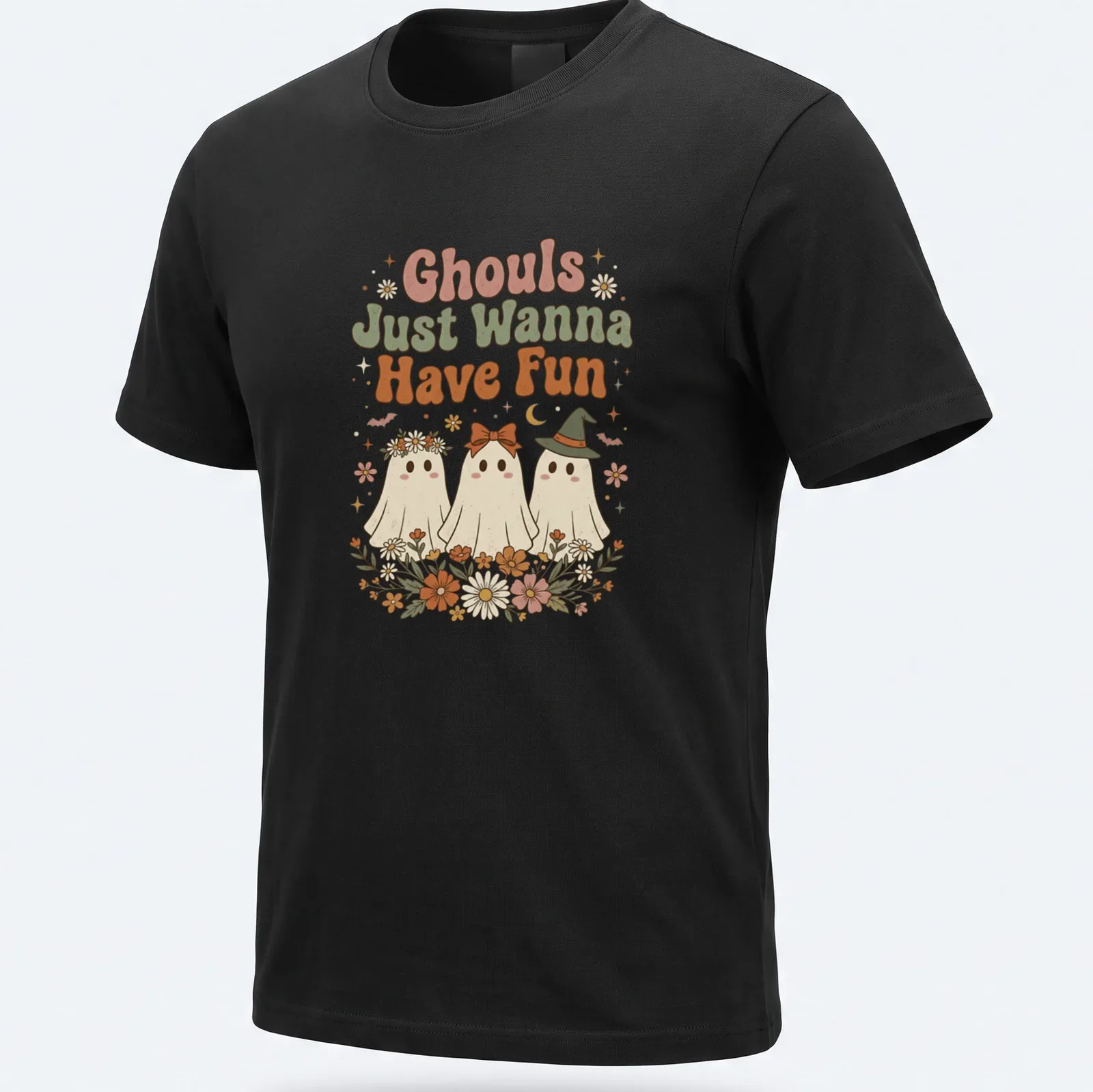 Retro floral design featuring playful ghosts and the text Ghouls Just Wanna Have Fun — printed on a unisex t-shirt