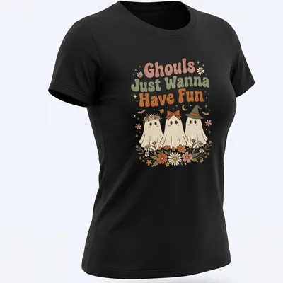 Retro floral design featuring playful ghosts and the text Ghouls Just Wanna Have Fun — printed on a women's shirt
