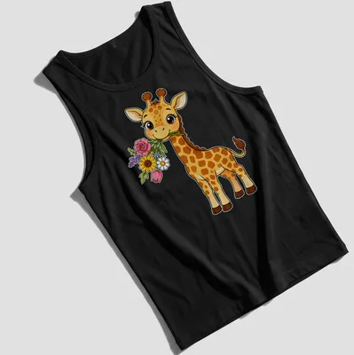 Cute kawaii giraffe holding a bouquet of colorful flowers — printed on a tank top