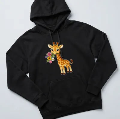 Cute kawaii giraffe holding a bouquet of colorful flowers — printed on a unisex hoodie