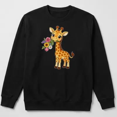 Cute kawaii giraffe holding a bouquet of colorful flowers — printed on a unisex sweatshirt