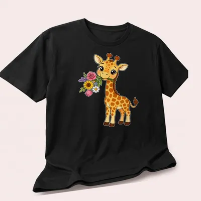 Cute kawaii giraffe holding a bouquet of colorful flowers — printed on a unisex t-shirt (angled view)