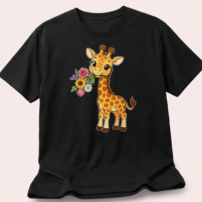 Cute kawaii giraffe holding a bouquet of colorful flowers