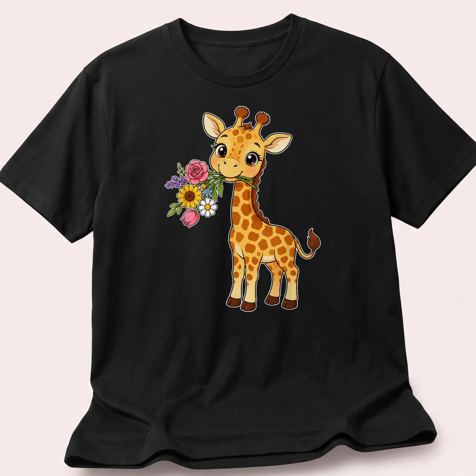 Cute kawaii giraffe holding a bouquet of colorful flowers — printed on a unisex t-shirt