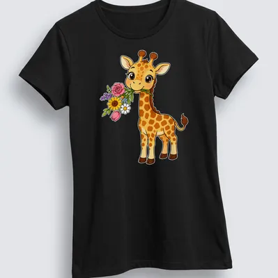 Cute kawaii giraffe holding a bouquet of colorful flowers — printed on a women's shirt