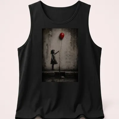 Illustration of a girl reaching for a red balloon with text 1804 1929 1937 1984 — printed on a tank top
